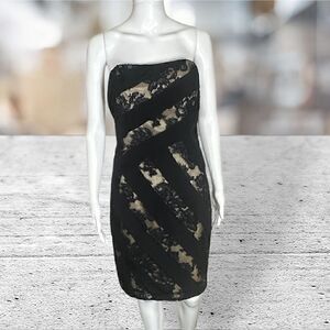 David Meister Black Strapless‎ Silk Banded Lace Dress